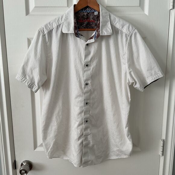 Robert Graham Shirt Mens 2XL White Brown Short Sleeve Button Flip Cuff - Picture 1 of 6
